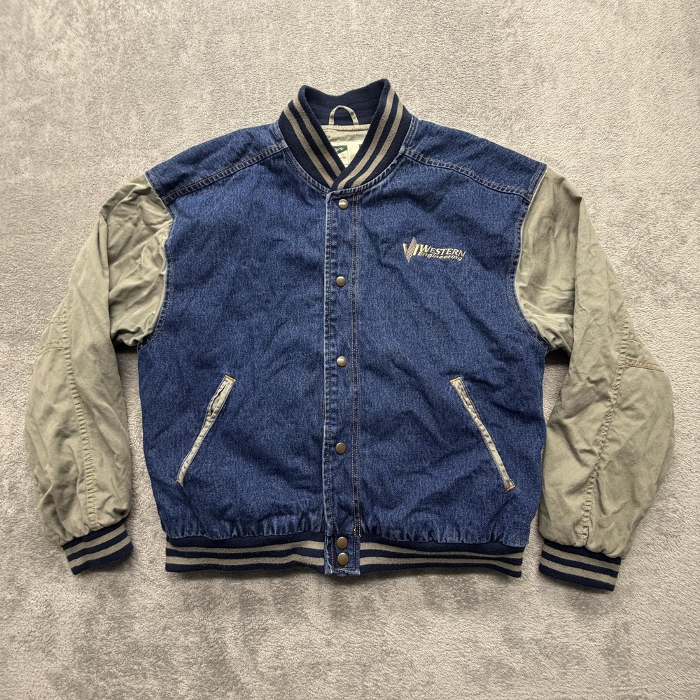 Crest‎ Jacket Mens Large Blue Denim Varsity Western Engineering Logo Snap Front